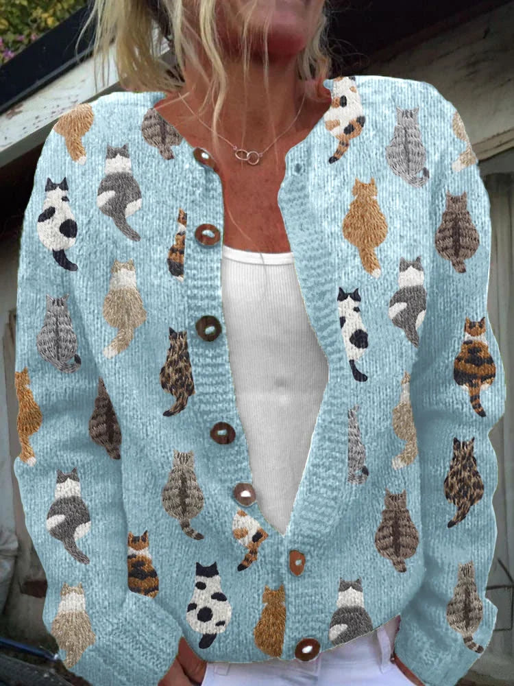 ELIZA & MAREN | CAT PRINT BUTTON CARDIGAN FOR WOMEN