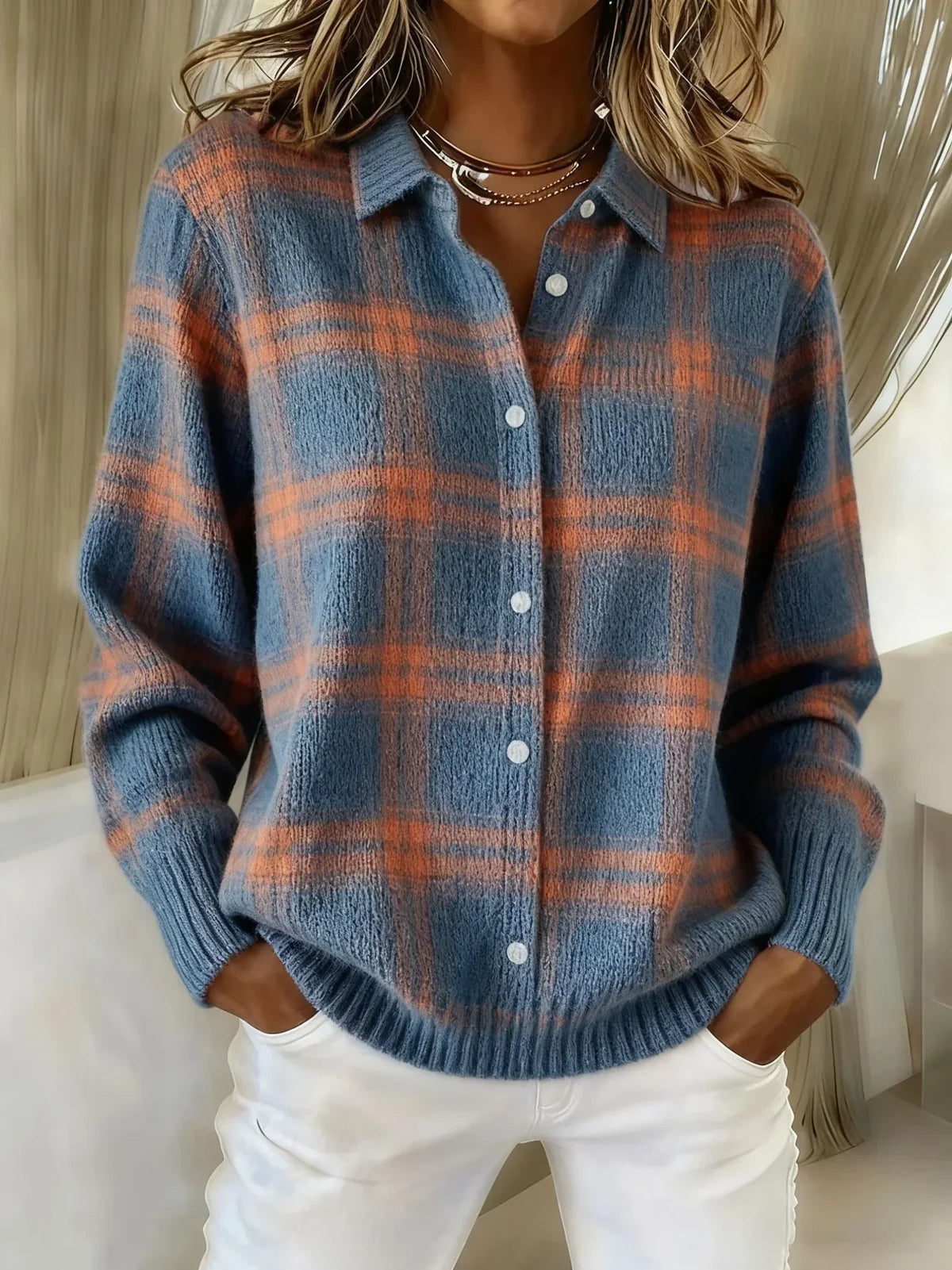 ELIZA & MAREN | CHECKERED KNIT CARDIGAN FOR WOMEN