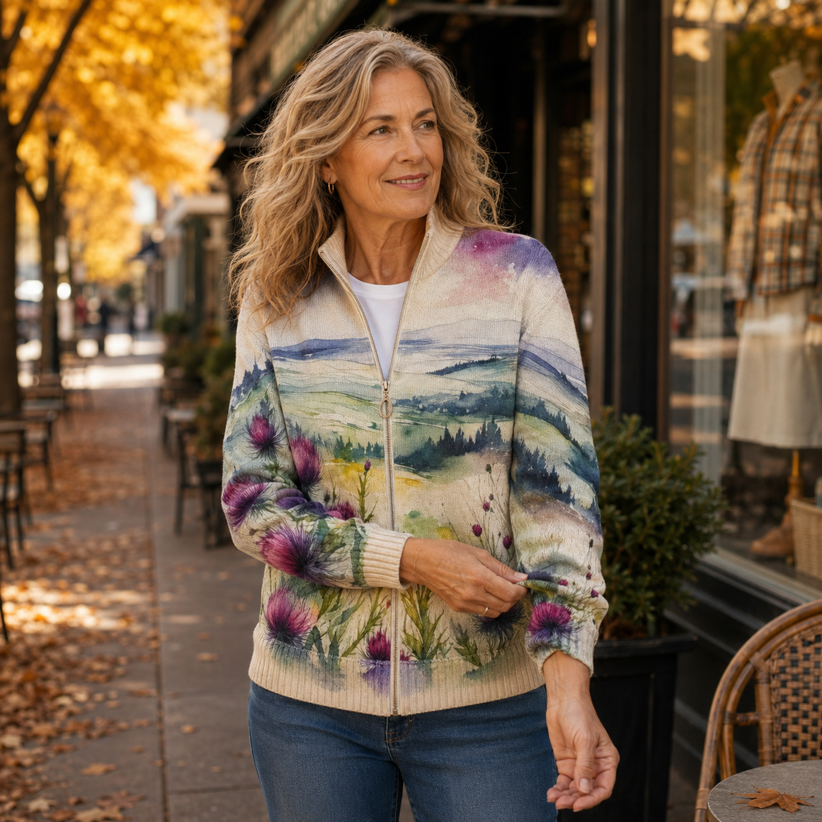 ELIZA & MAREN | THISTLE LANDSCAPE ZIP CARDIGAN FOR WOMEN