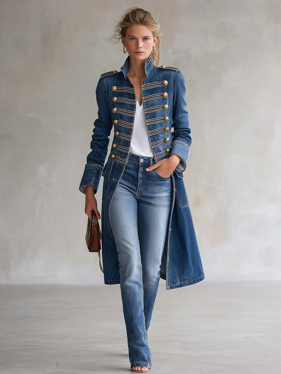 ELIZA & MAREN | LONG DENIM OFFICER COAT FOR WOMEN