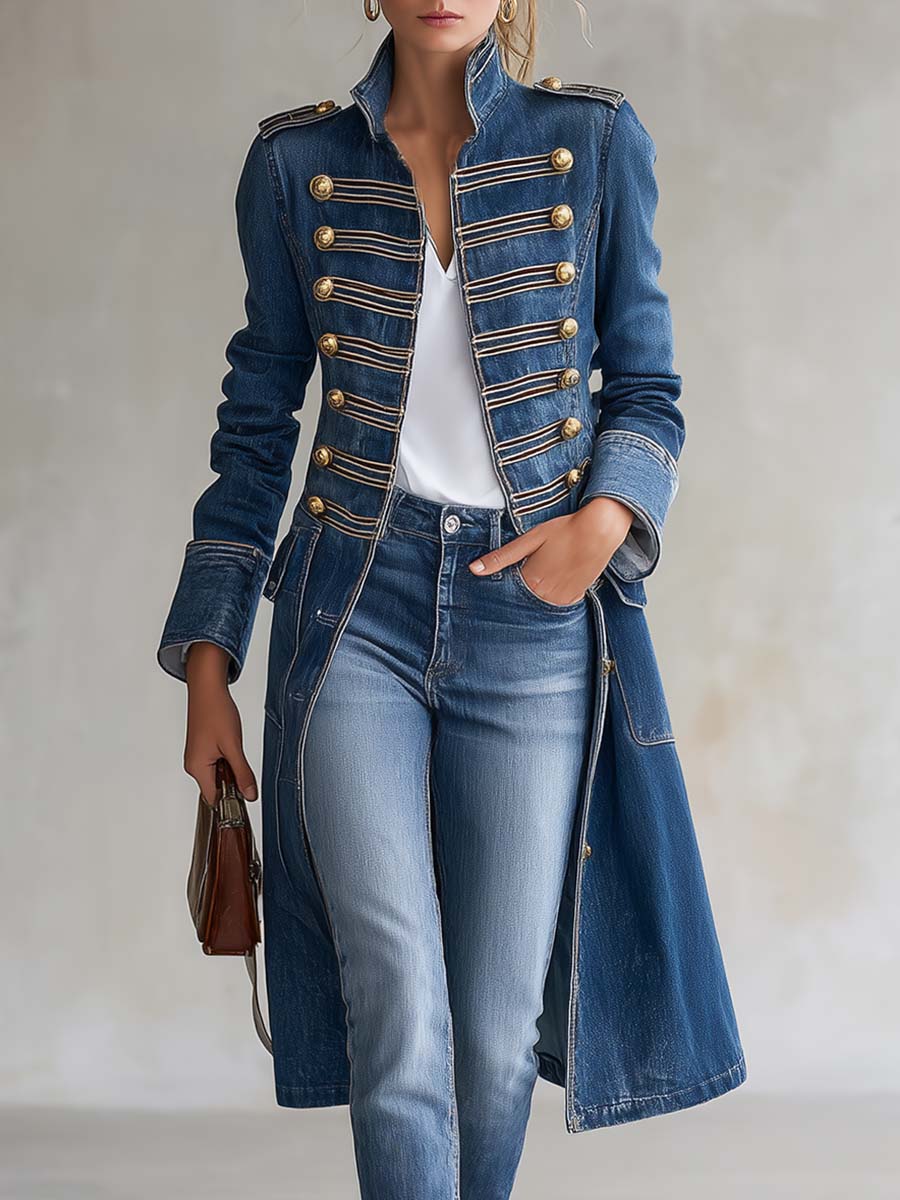 ELIZA & MAREN | LONG DENIM OFFICER COAT FOR WOMEN