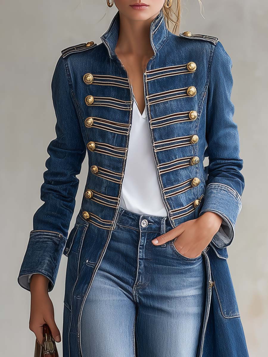 ELIZA & MAREN | LONG DENIM OFFICER COAT FOR WOMEN