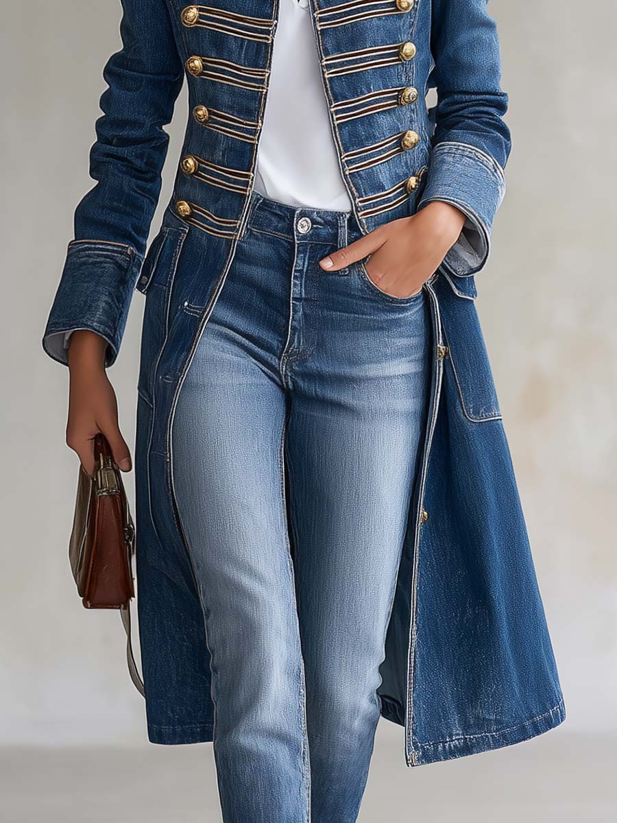 ELIZA & MAREN | LONG DENIM OFFICER COAT FOR WOMEN
