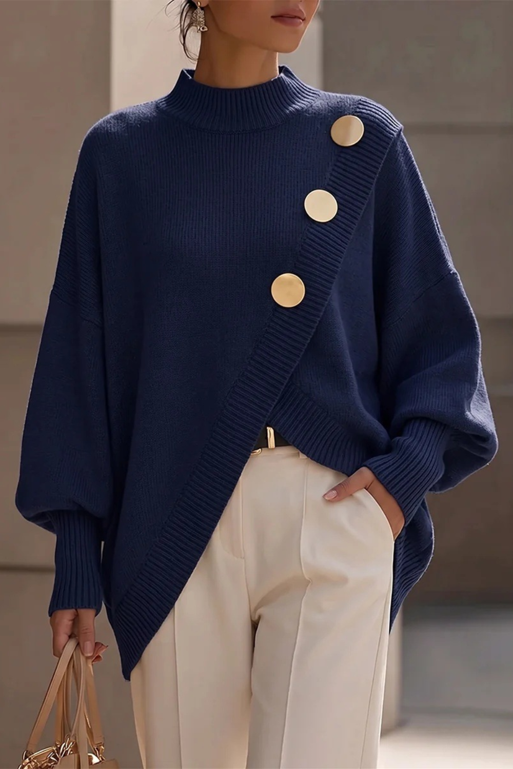 ELIZA & MAREN | ASYMMETRIC BUTTON SWEATER FOR WOMEN