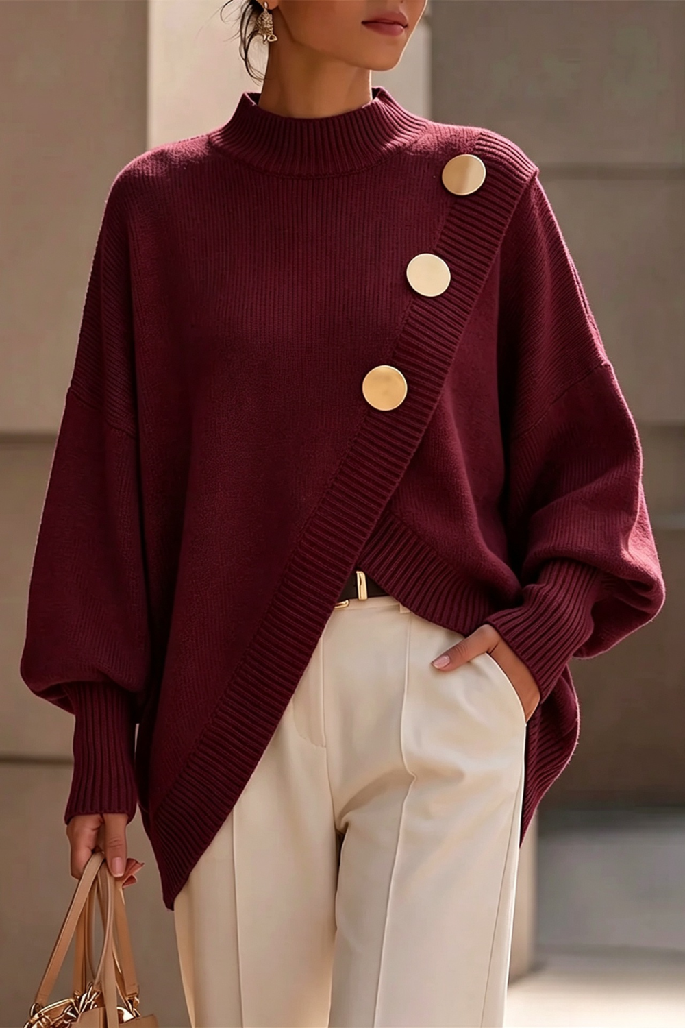 ELIZA & MAREN | ASYMMETRIC BUTTON SWEATER FOR WOMEN