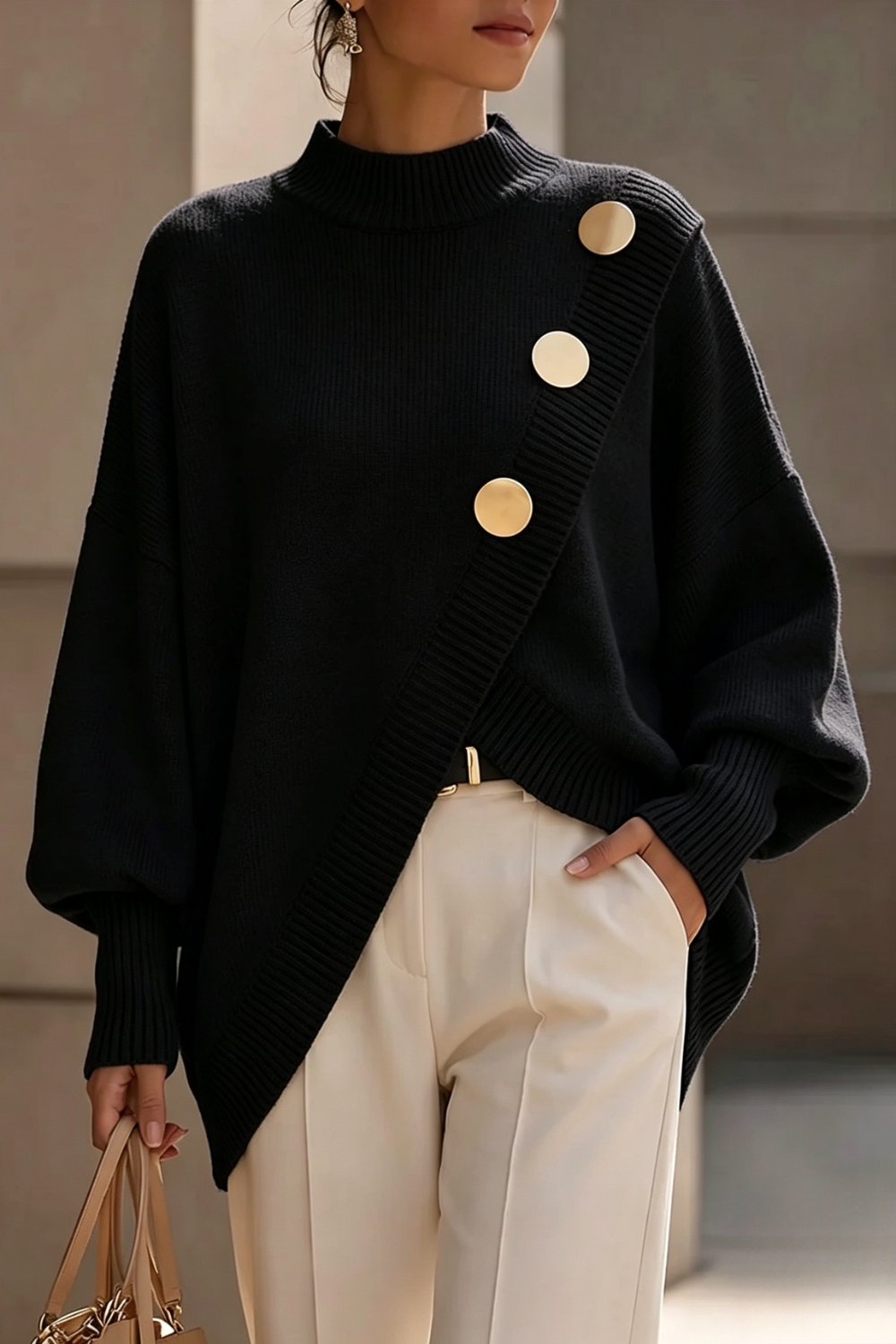 ELIZA & MAREN | ASYMMETRIC BUTTON SWEATER FOR WOMEN