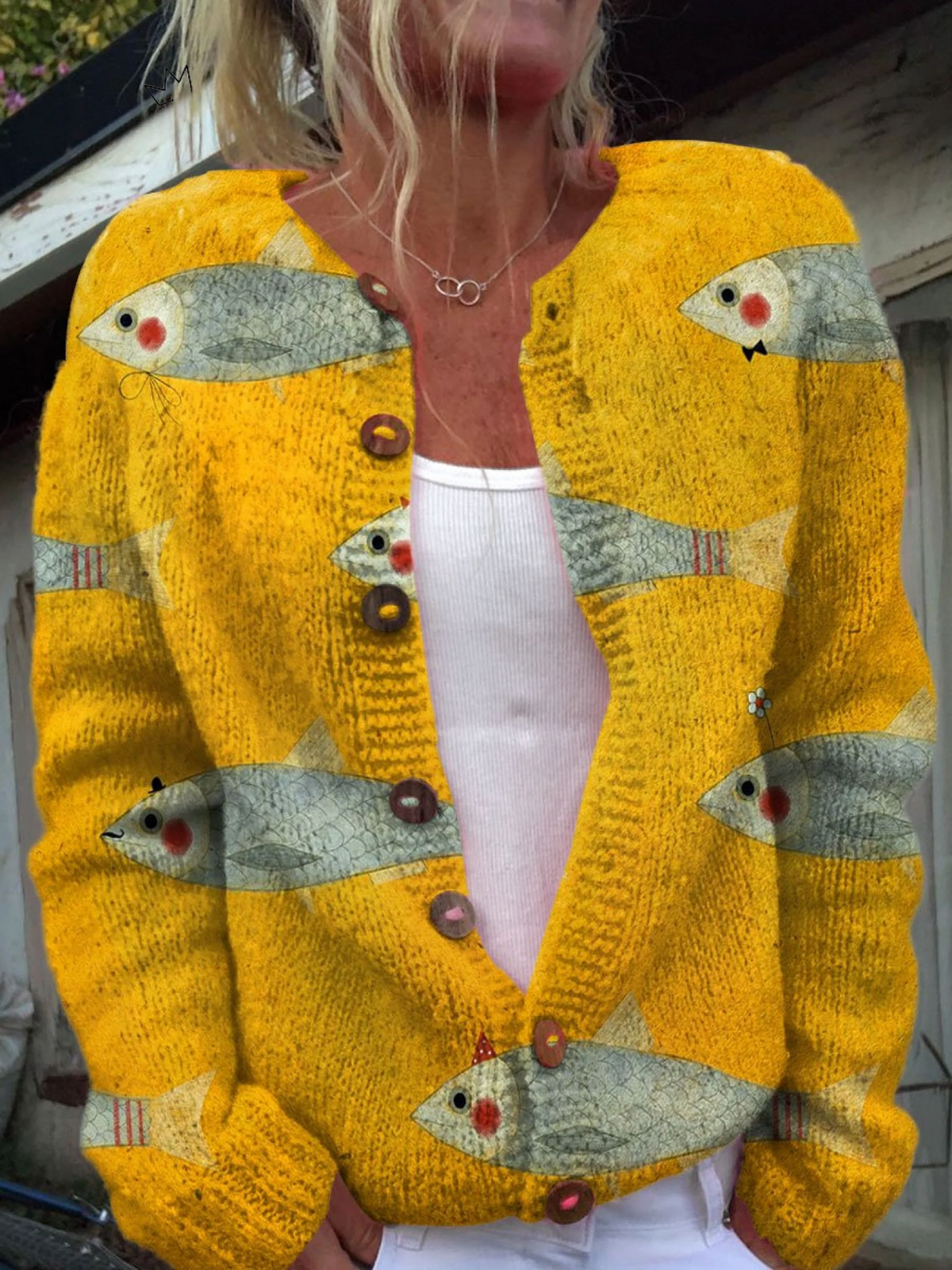 ELIZA & MAREN | YELLOW FISH PRINT CARDIGAN FOR WOMEN