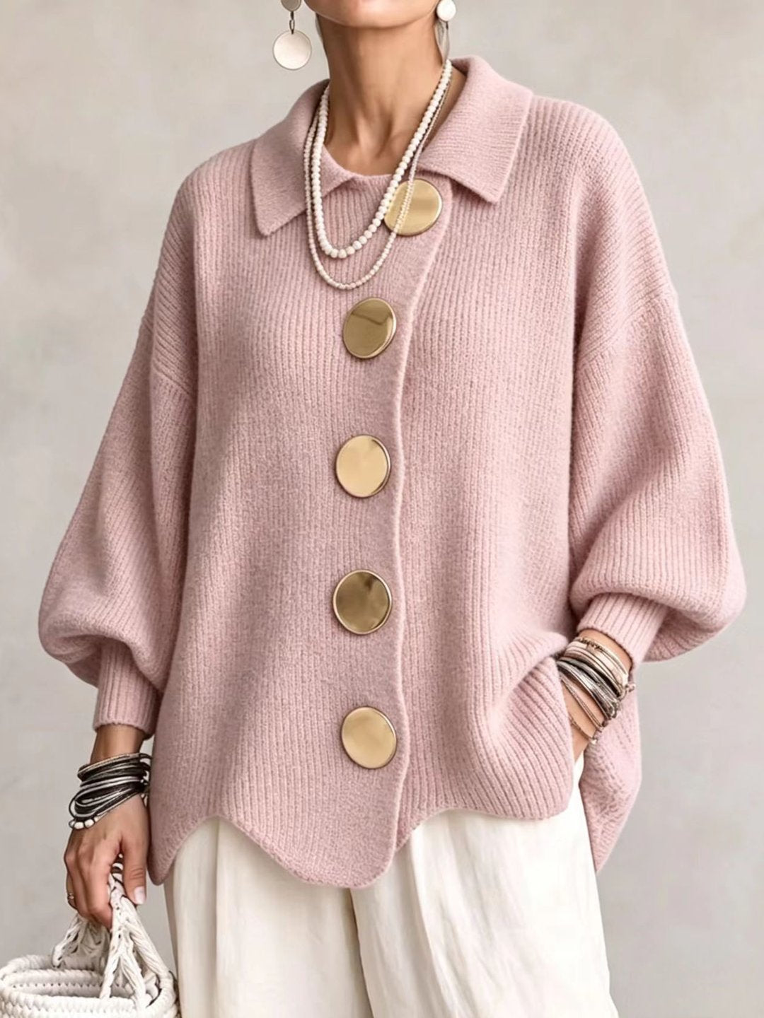 ELIZA & MAREN | OVERSIZED METAL BUTTON CARDIGAN FOR WOMEN