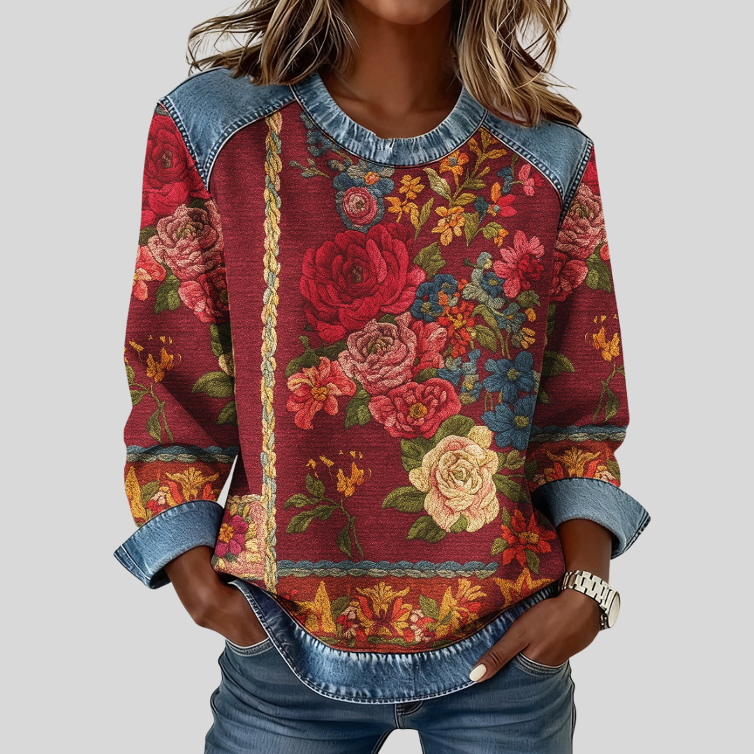 ELIZA & MAREN | FLORAL CONTRAST TRIM SWEATSHIRT FOR WOMEN