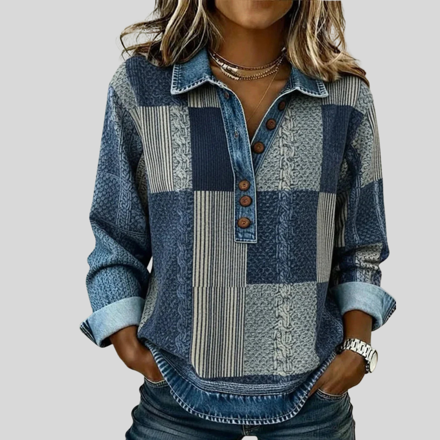 ELIZA & MAREN | COLORBLOCK BUTTON NECK SWEATSHIRT FOR WOMEN