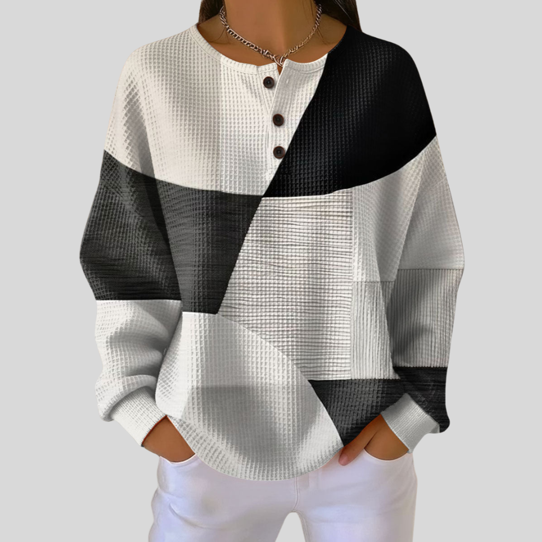 ELIZA & MAREN | GEOMETRIC WAFFLE HENLEY SWEATSHIRT FOR WOMEN