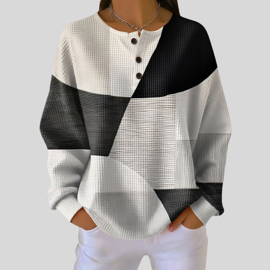 ELIZA & MAREN | GEOMETRIC WAFFLE HENLEY SWEATSHIRT FOR WOMEN