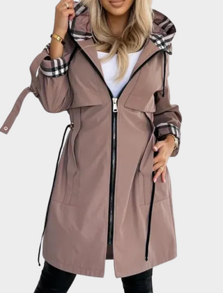 Front view of taupe coat with checked hood