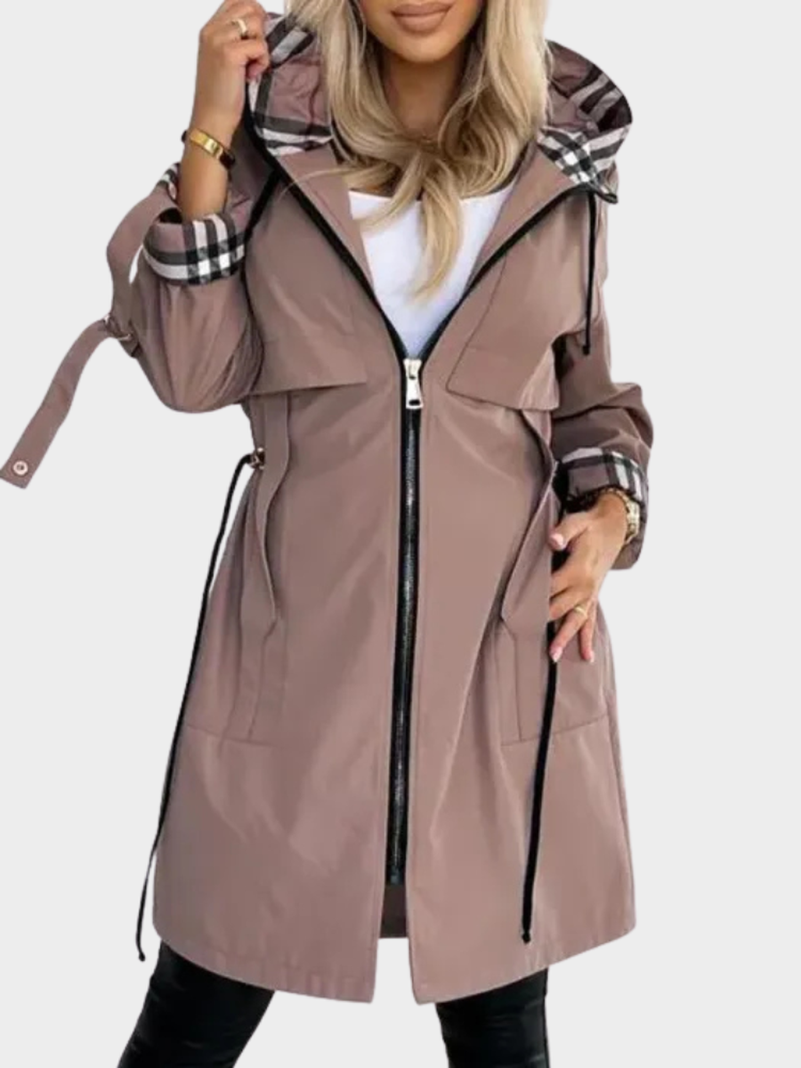 Front view of taupe coat with checked hood