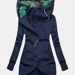 Navy hooded jacket with leaf print at the hood