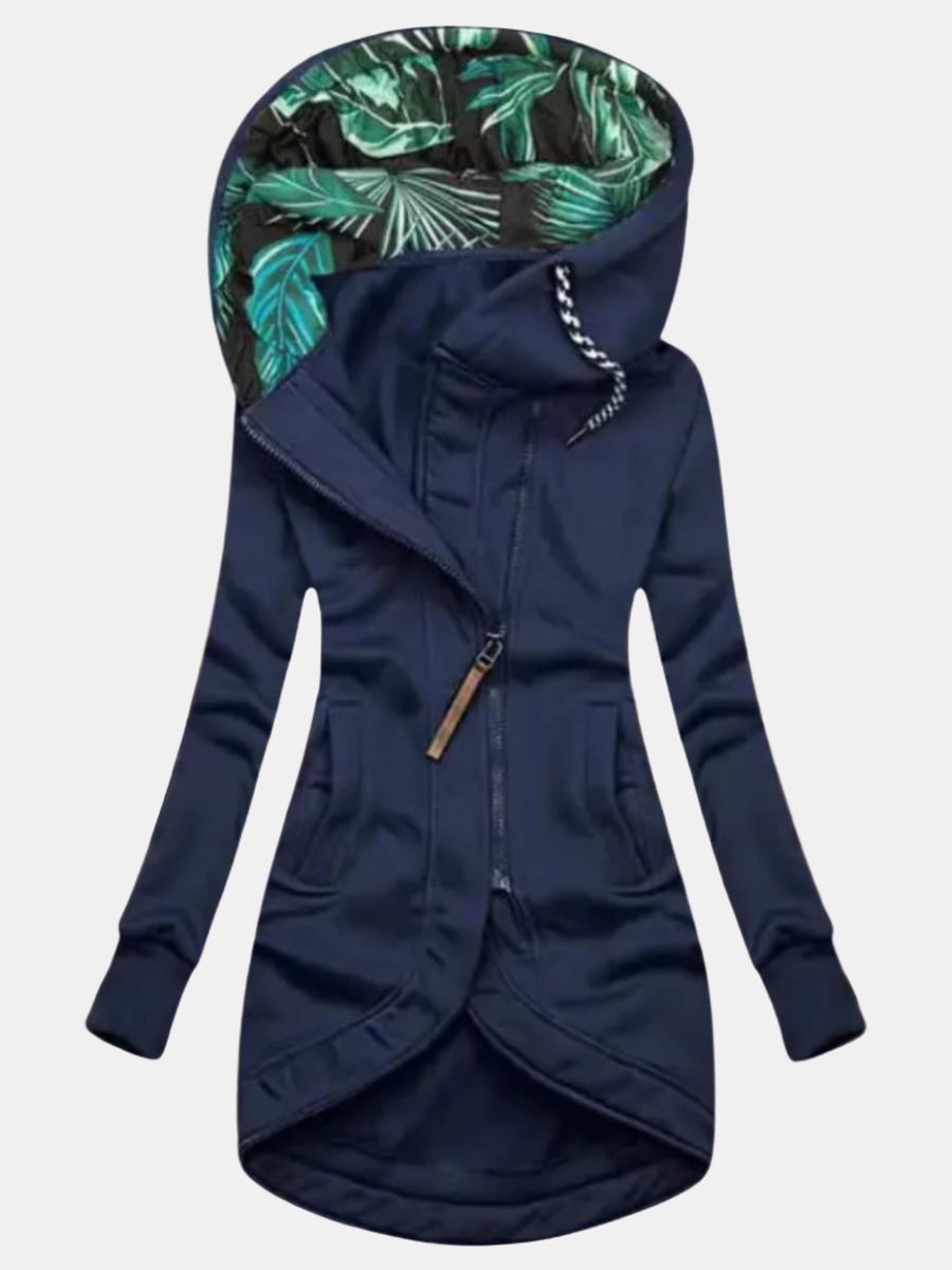 Navy hooded jacket with leaf print at the hood