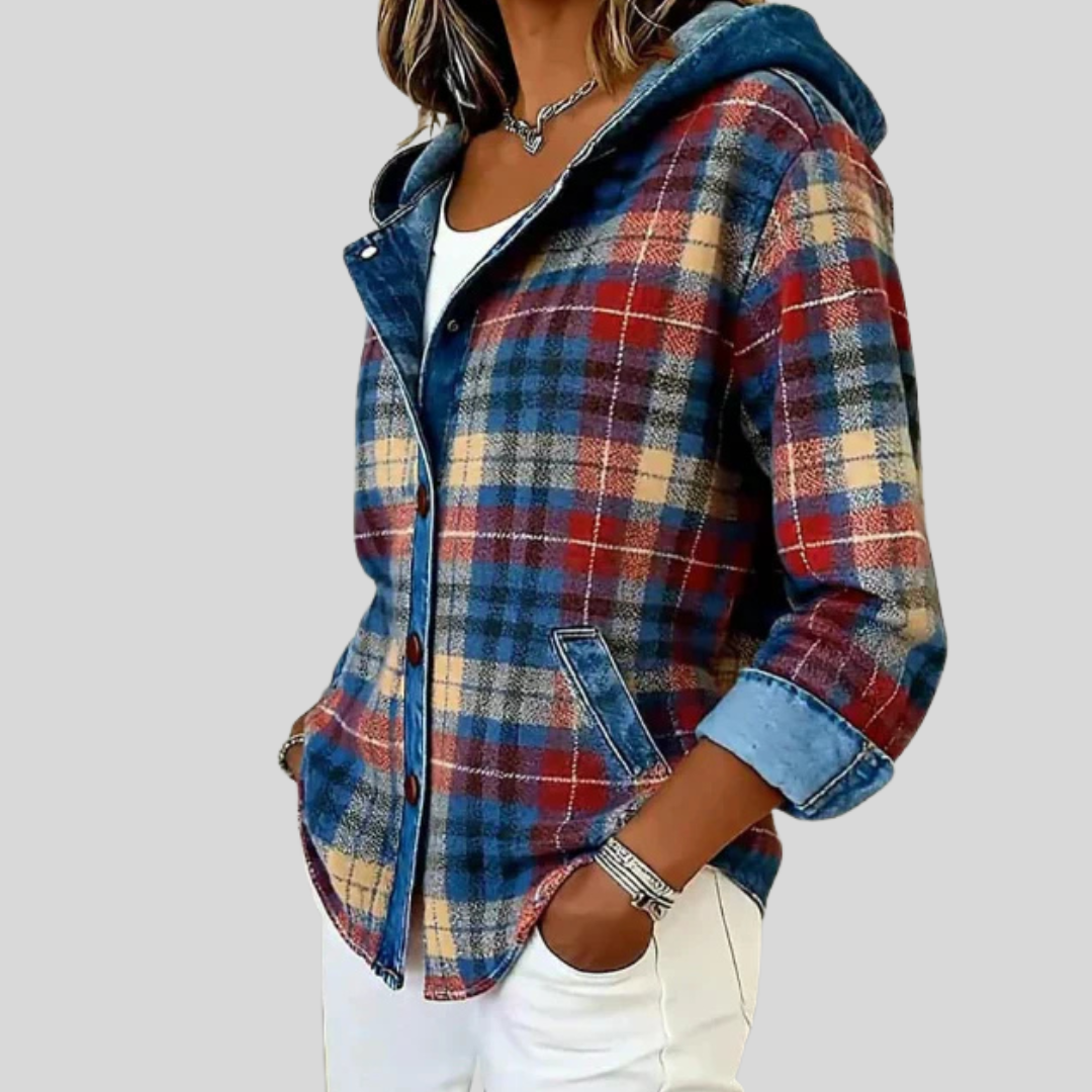 ELIZA & MAREN | DENIM-TRIM PLAID HOODED SHACKET FOR WOMEN