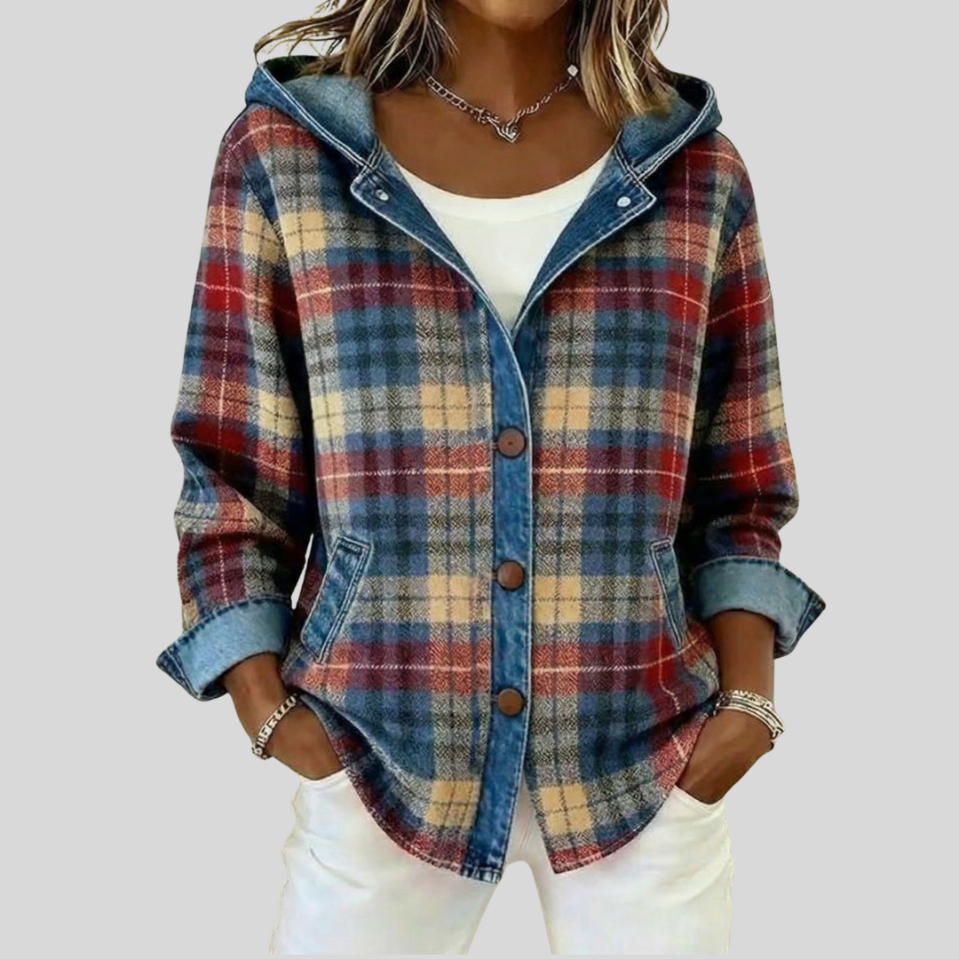 ELIZA & MAREN | DENIM-TRIM PLAID HOODED SHACKET FOR WOMEN