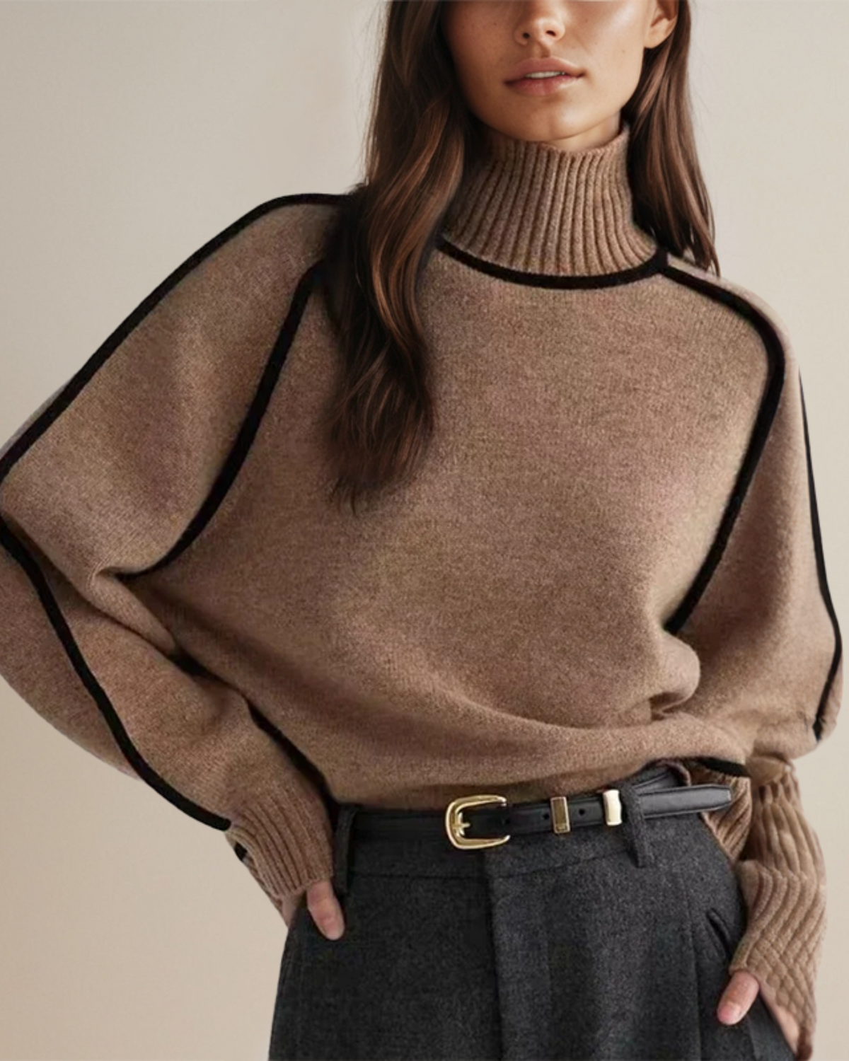 ELIZA & MAREN | CONTRAST PIPED TURTLENECK SWEATER FOR WOMEN