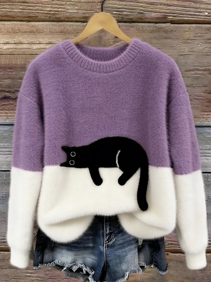 ELIZA & MAREN | OVERSIZED CAT PRINT SWEATER FOR WOMEN