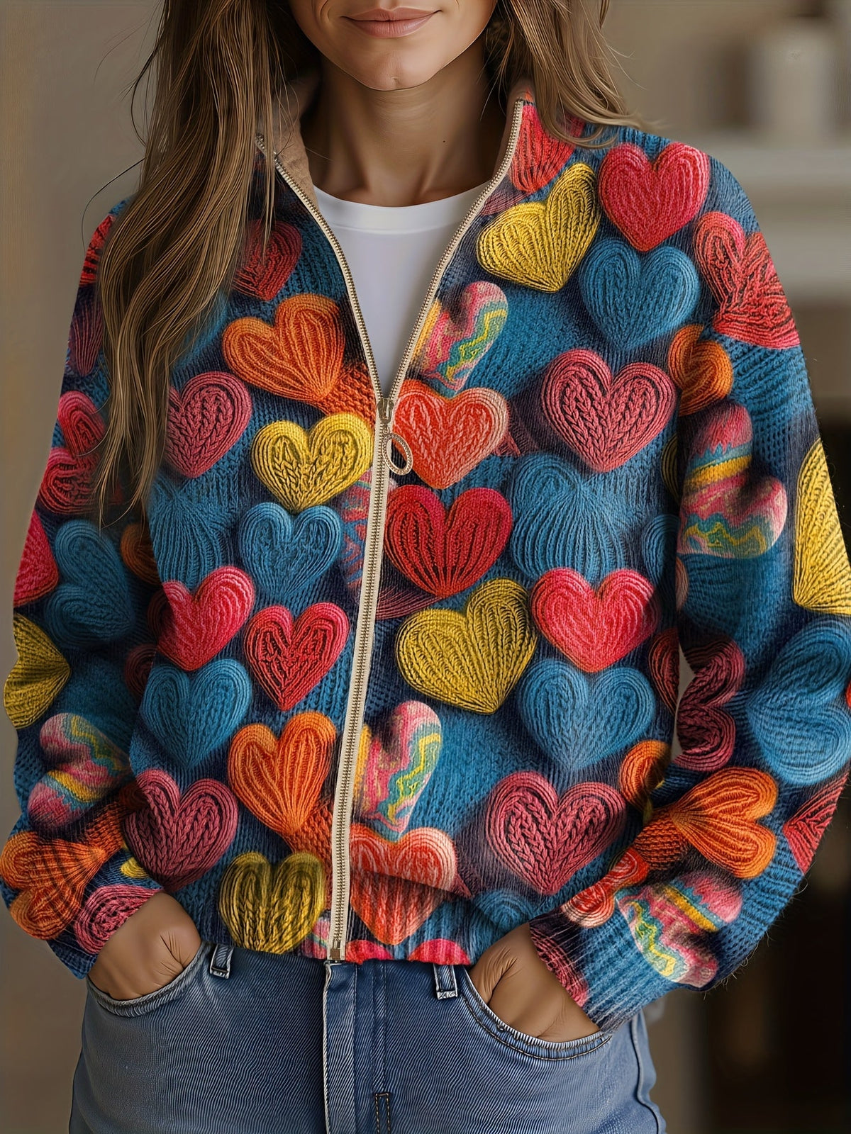 ELIZA & MAREN | TEXTURED HEART ZIP CARDIGAN FOR WOMEN