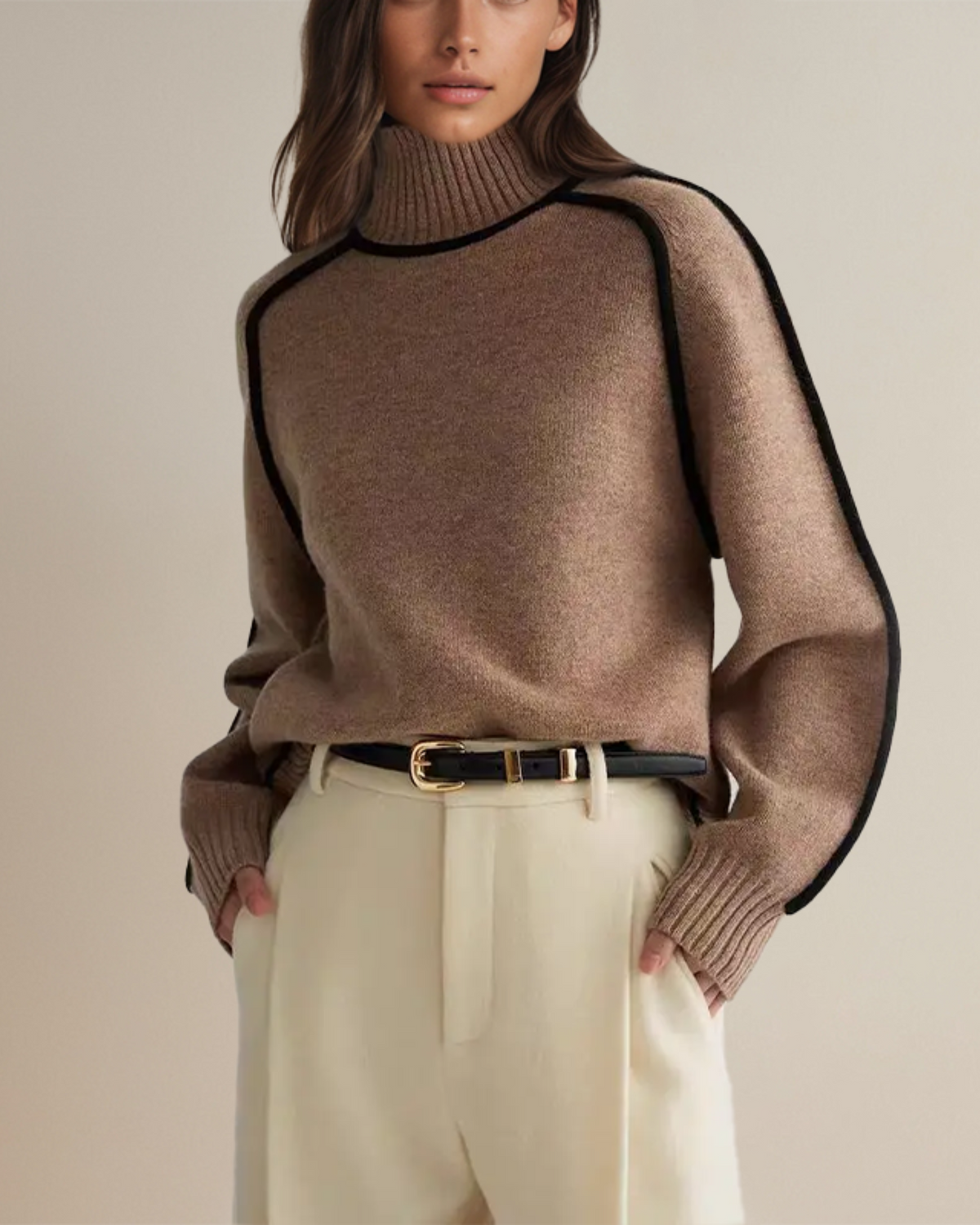 ELIZA & MAREN | CONTRAST PIPED TURTLENECK SWEATER FOR WOMEN