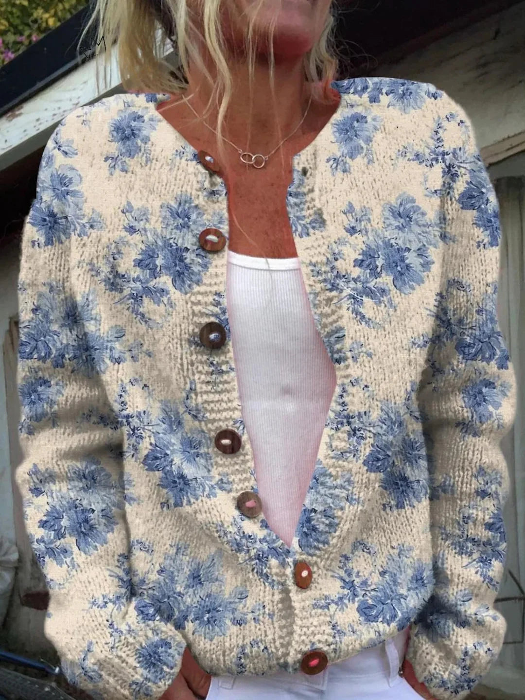 ELIZA & MAREN | BLUE BOTANICAL KNIT CARDIGAN FOR WOMEN