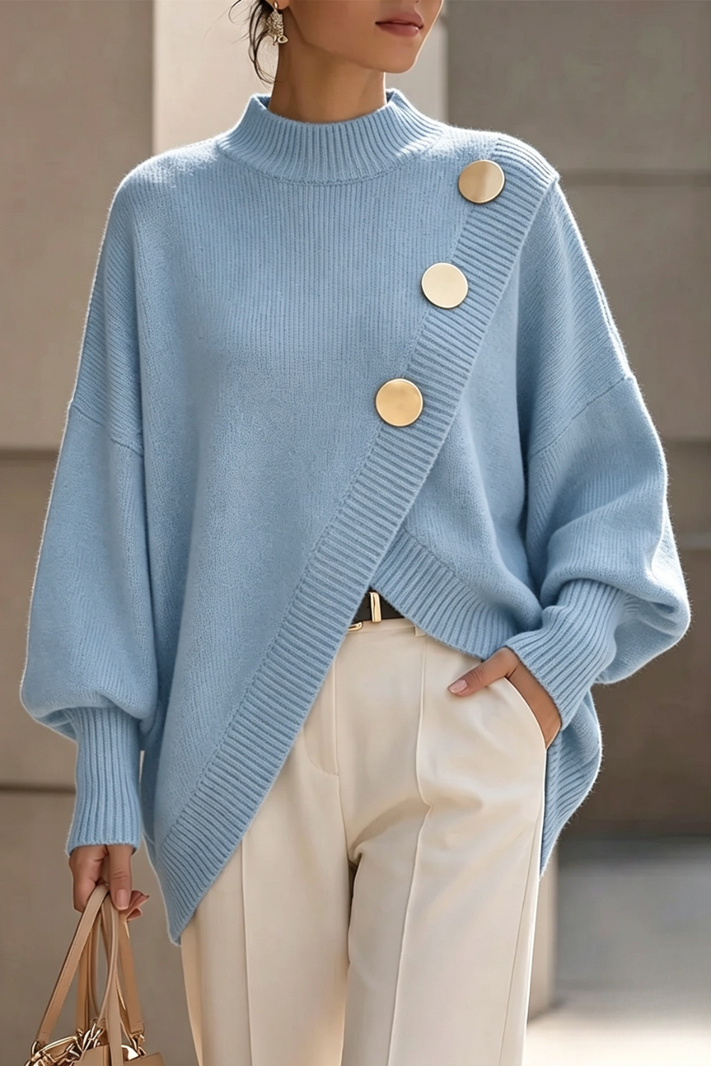 ELIZA & MAREN | ASYMMETRIC BUTTON SWEATER FOR WOMEN
