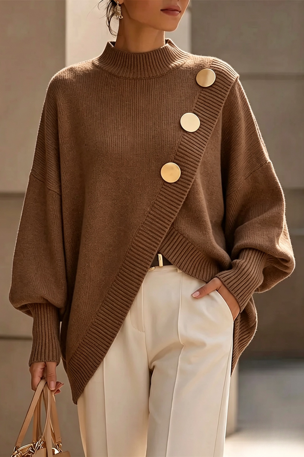 ELIZA & MAREN | ASYMMETRIC BUTTON SWEATER FOR WOMEN