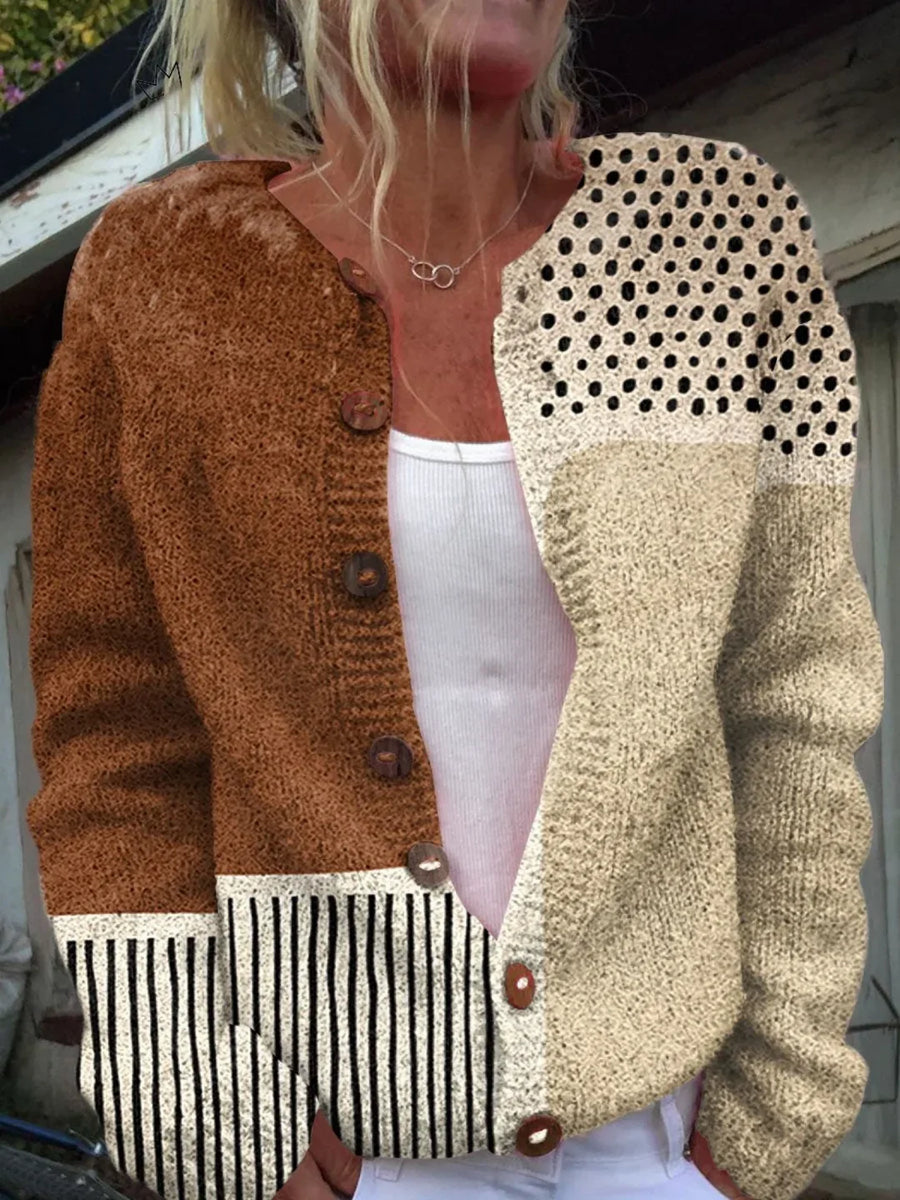 ELIZA & MAREN | PATCHWORK KNIT BUTTON CARDIGAN FOR WOMEN