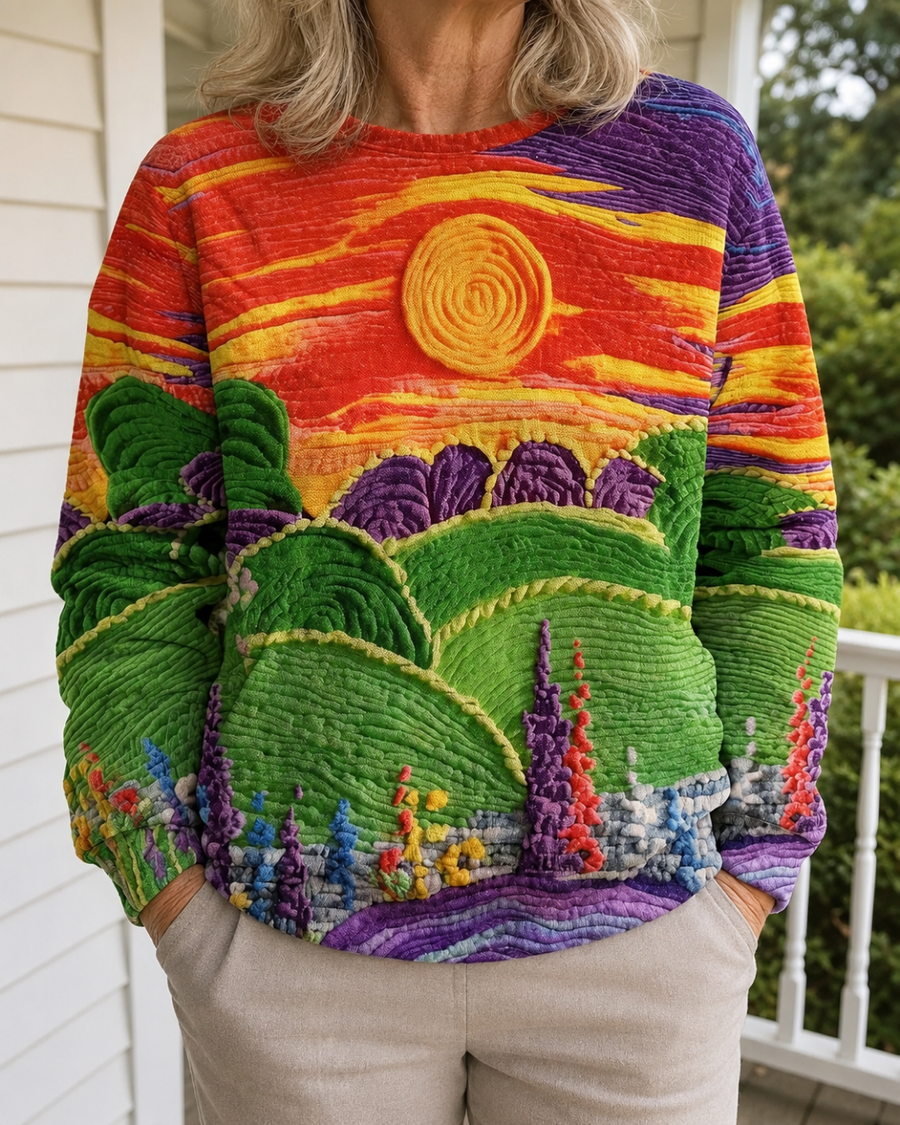 ELIZA & MAREN | SUNBURST LANDSCAPE PRINT SWEATER FOR WOMEN