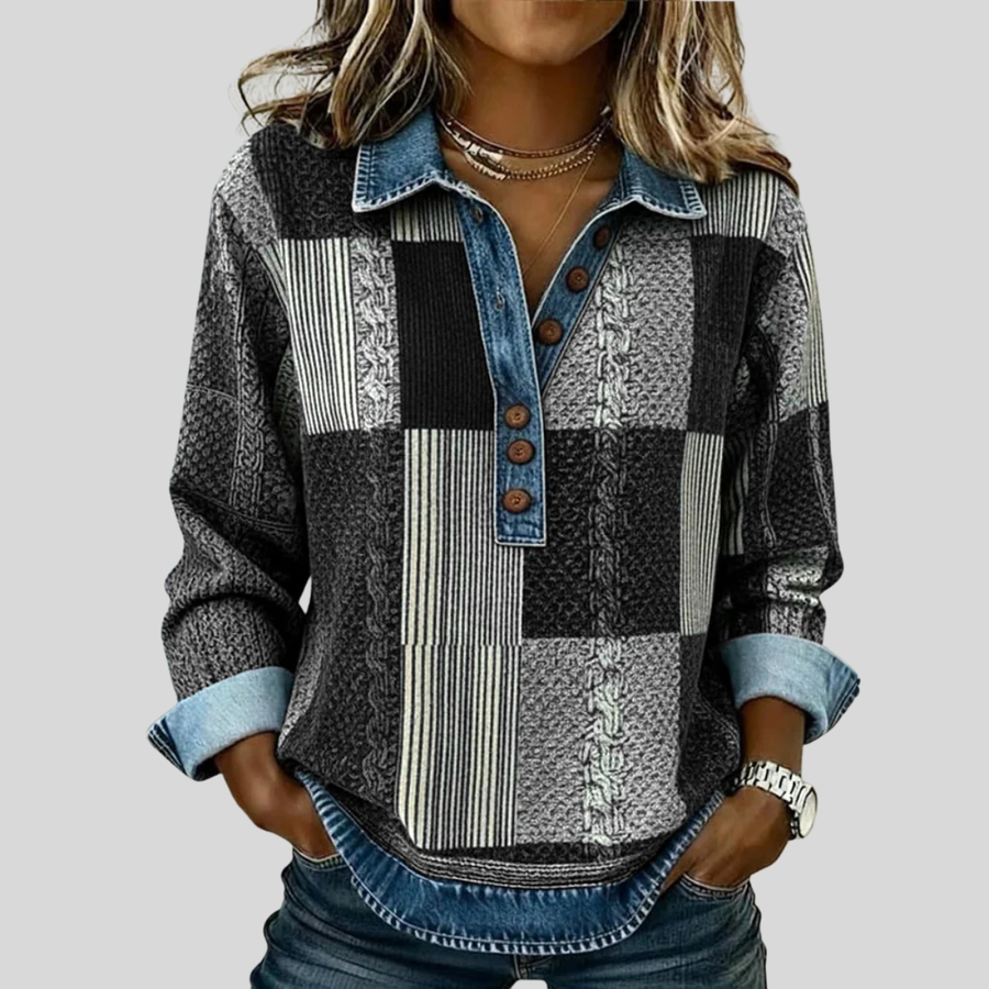ELIZA & MAREN | COLORBLOCK BUTTON NECK SWEATSHIRT FOR WOMEN