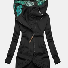 Black hooded jacket with leaf print at the hood