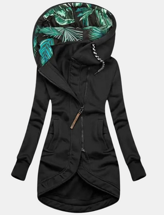 Black hooded jacket with leaf print at the hood