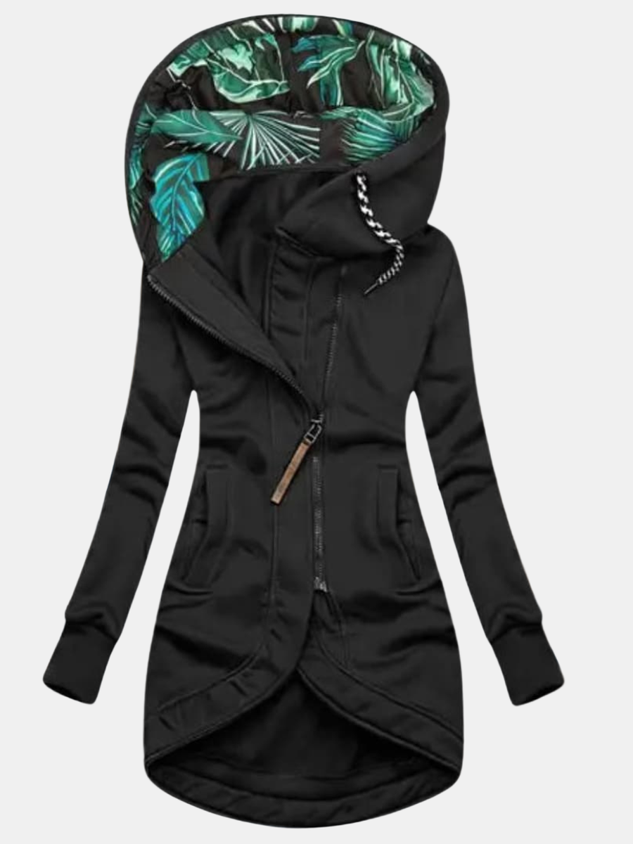Black hooded jacket with leaf print at the hood