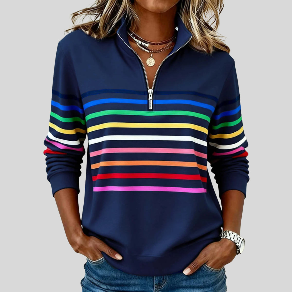 ELIZA & MAREN | STRIPED QUARTER-ZIP SWEATSHIRT FOR WOMEN