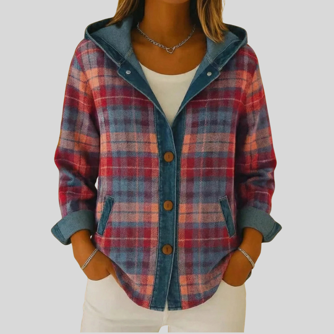 ELIZA & MAREN | HOODED PLAID BUTTON SHACKET FOR WOMEN
