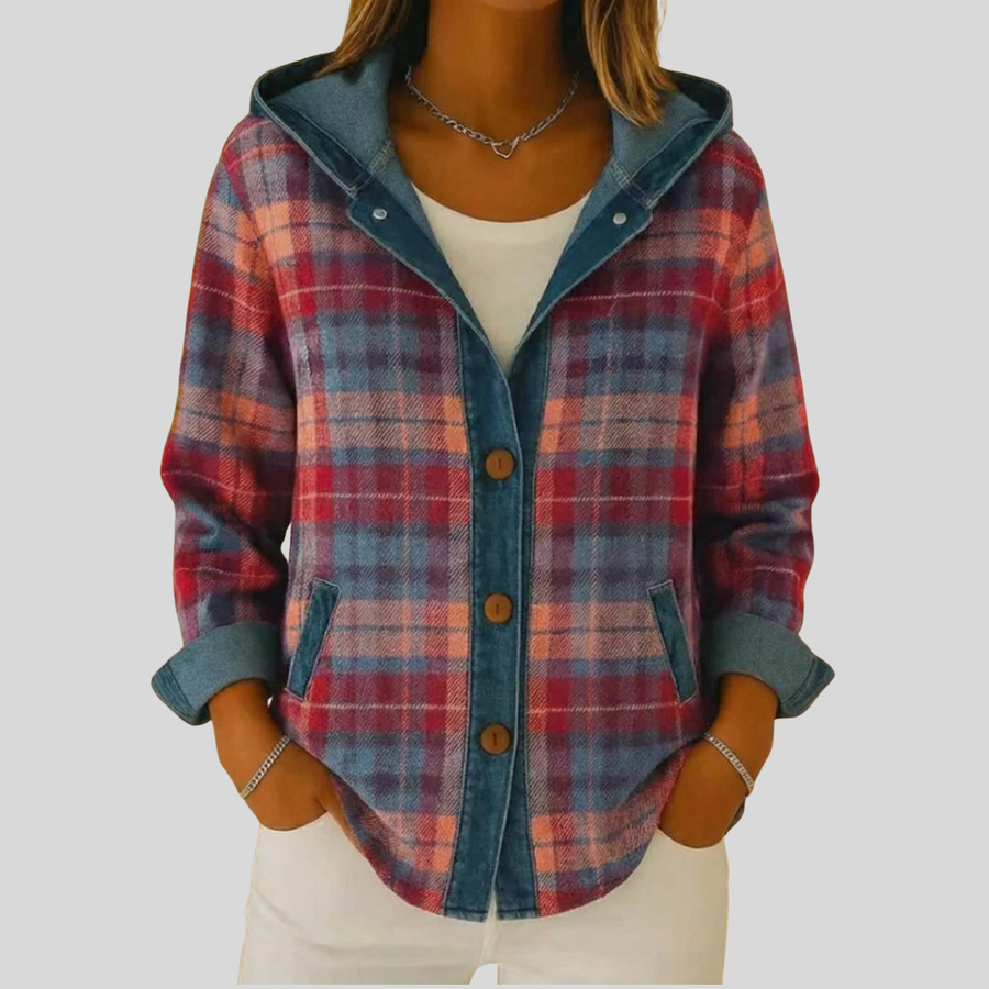 ELIZA & MAREN | HOODED PLAID BUTTON SHACKET FOR WOMEN