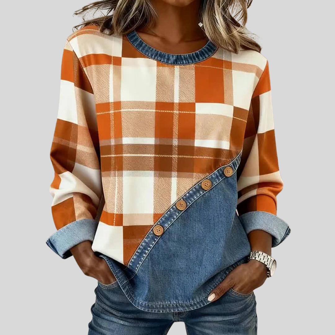 ELIZA & MAREN | PLAID BUTTON TRIM PULLOVER FOR WOMEN