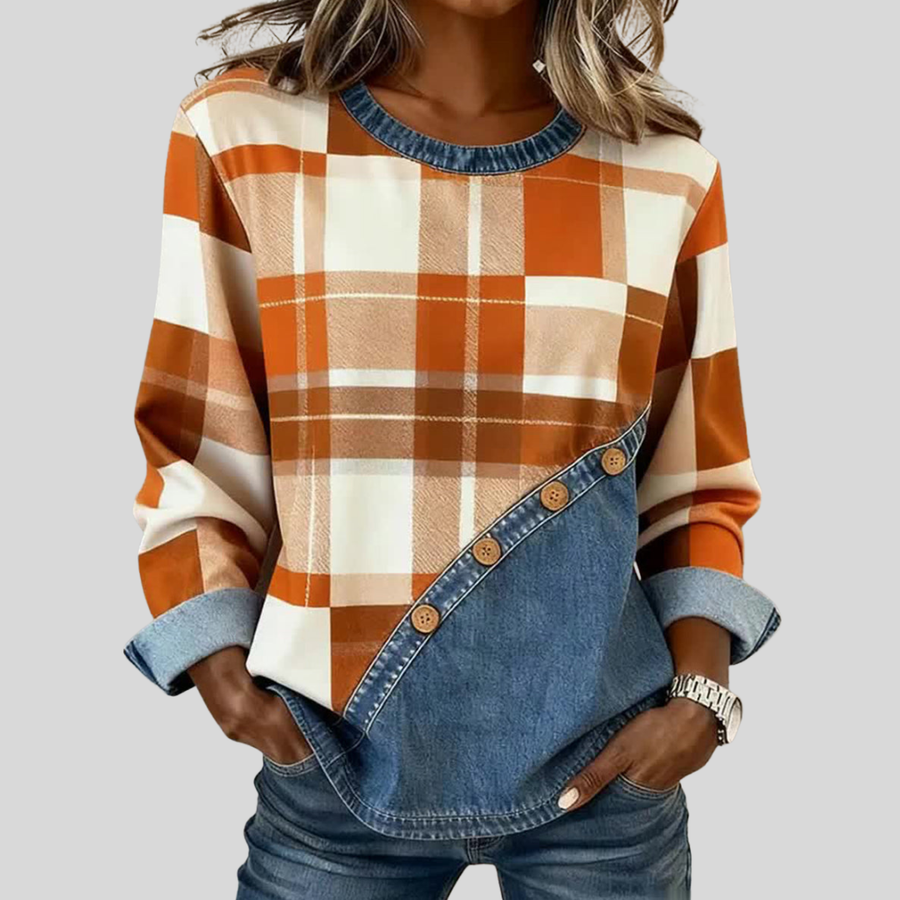 ELIZA & MAREN | PLAID BUTTON TRIM PULLOVER FOR WOMEN