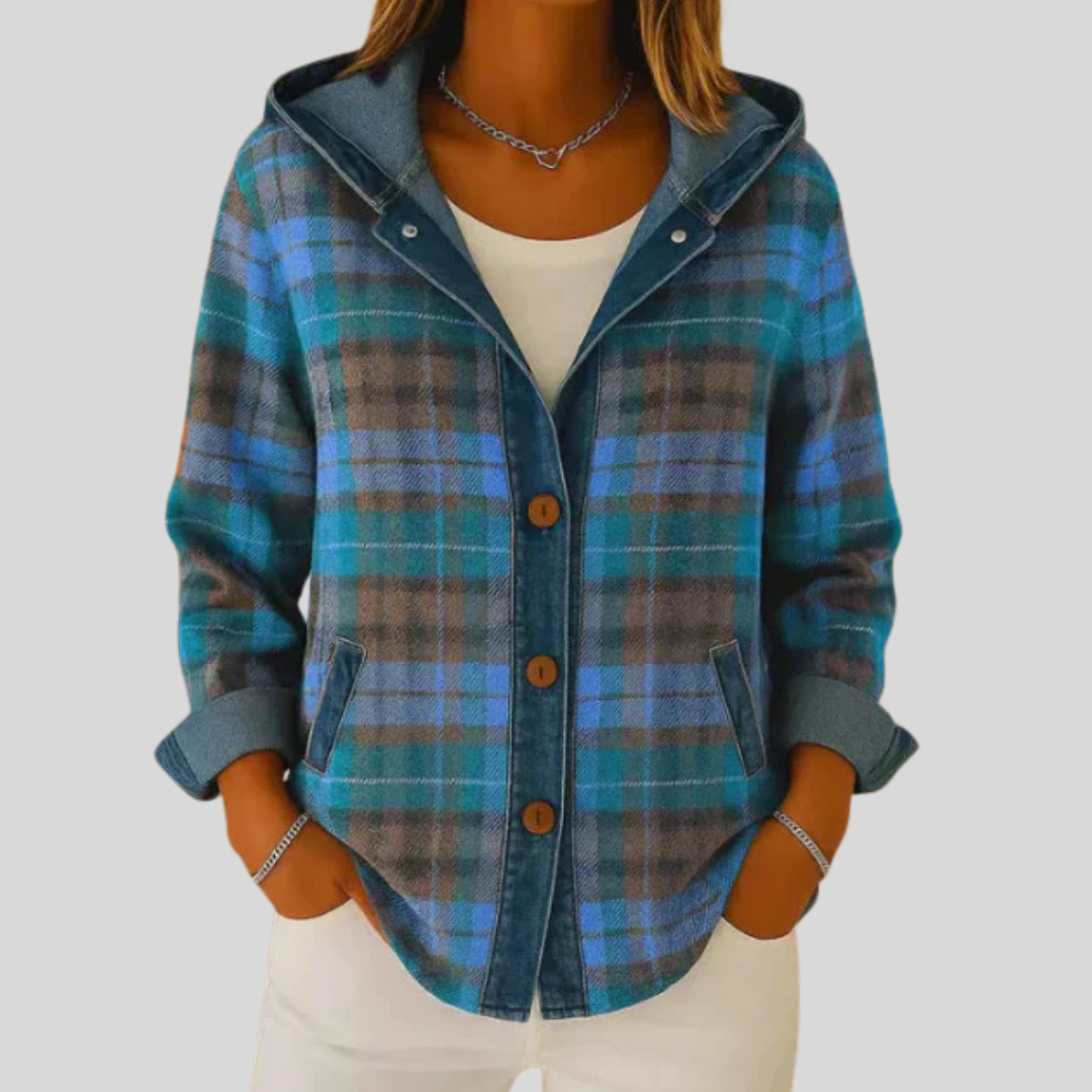 ELIZA & MAREN | DENIM-TRIM PLAID HOODED SHACKET FOR WOMEN
