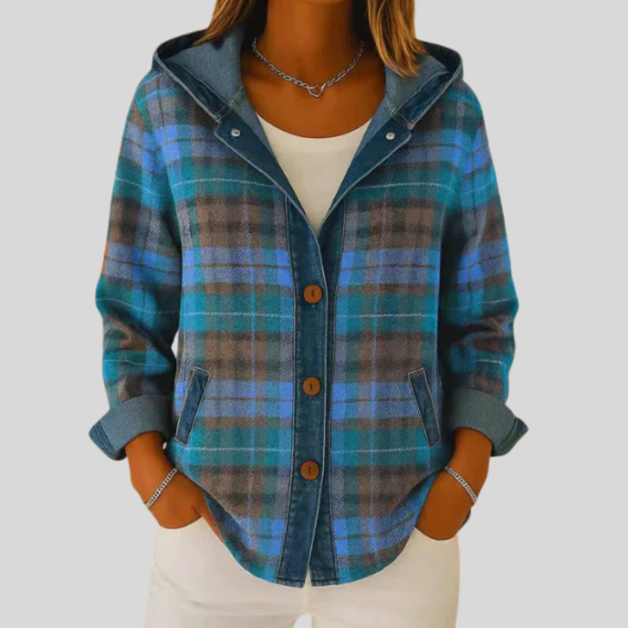 ELIZA & MAREN | DENIM-TRIM PLAID HOODED SHACKET FOR WOMEN