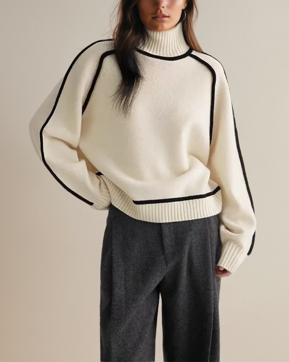 ELIZA & MAREN | CONTRAST PIPED TURTLENECK SWEATER FOR WOMEN