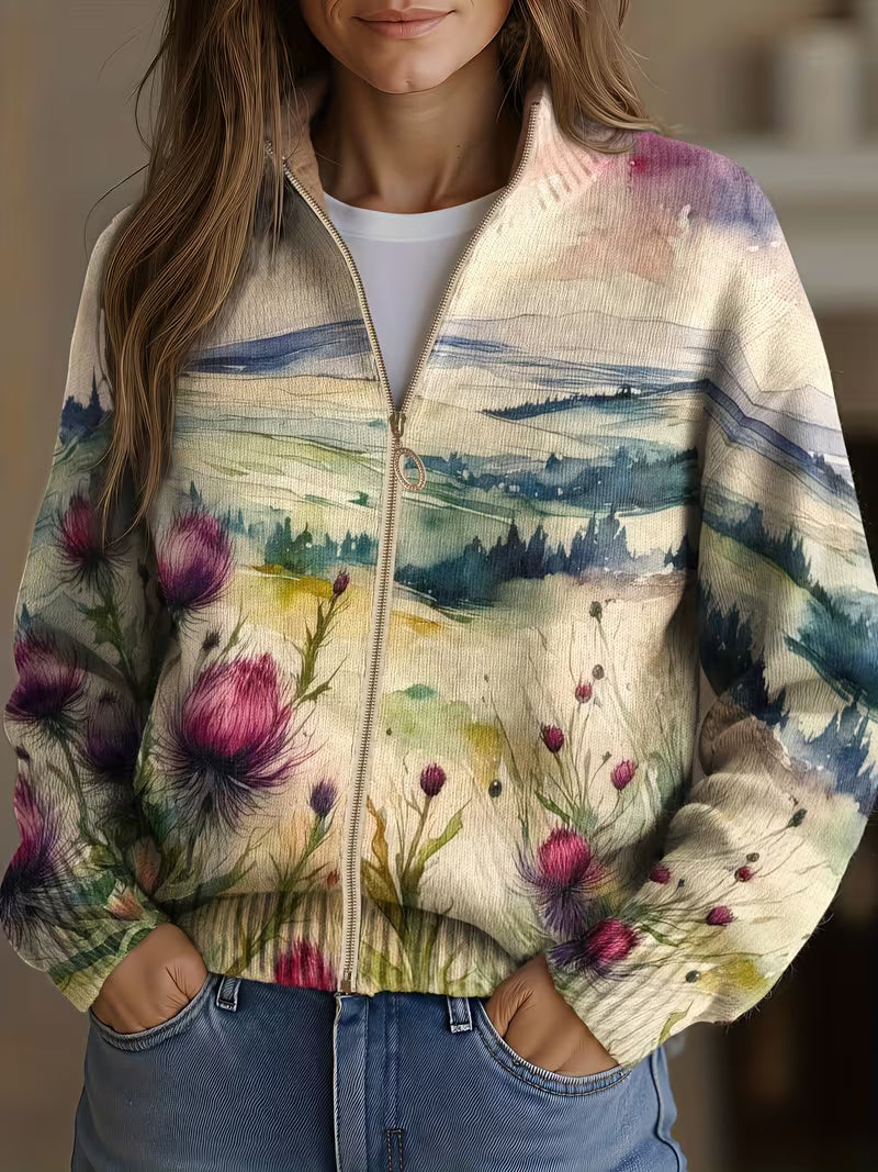 ELIZA & MAREN | THISTLE LANDSCAPE ZIP CARDIGAN FOR WOMEN