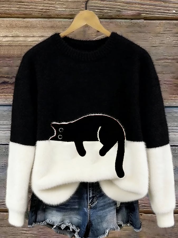 ELIZA & MAREN | OVERSIZED CAT PRINT SWEATER FOR WOMEN