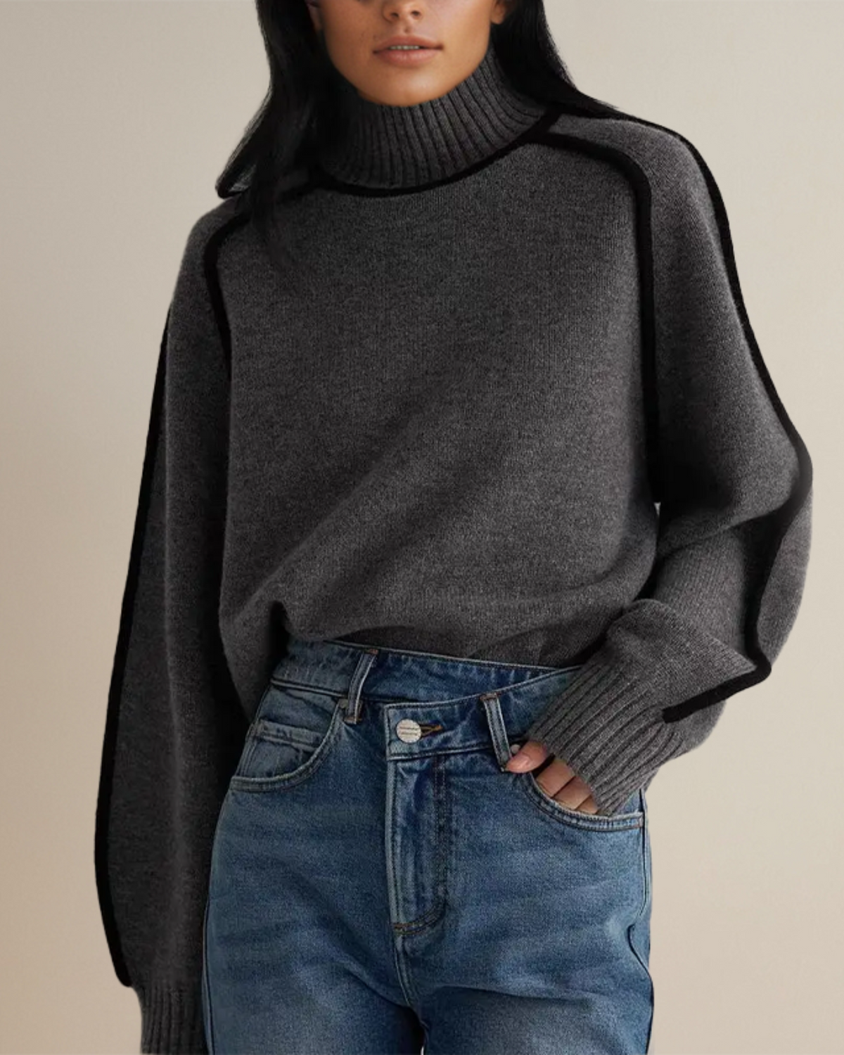 ELIZA & MAREN | CONTRAST PIPED TURTLENECK SWEATER FOR WOMEN