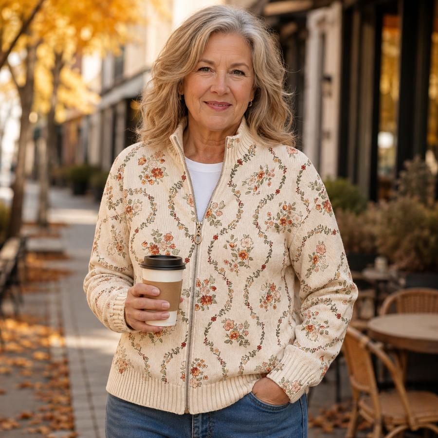 ELIZA & MAREN | FLORAL VINE ZIP CARDIGAN FOR WOMEN
