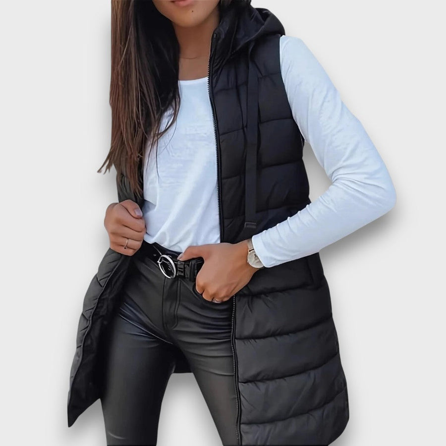ELIZA & MAREN | LONG QUILTED HOODED VEST FOR WOMEN