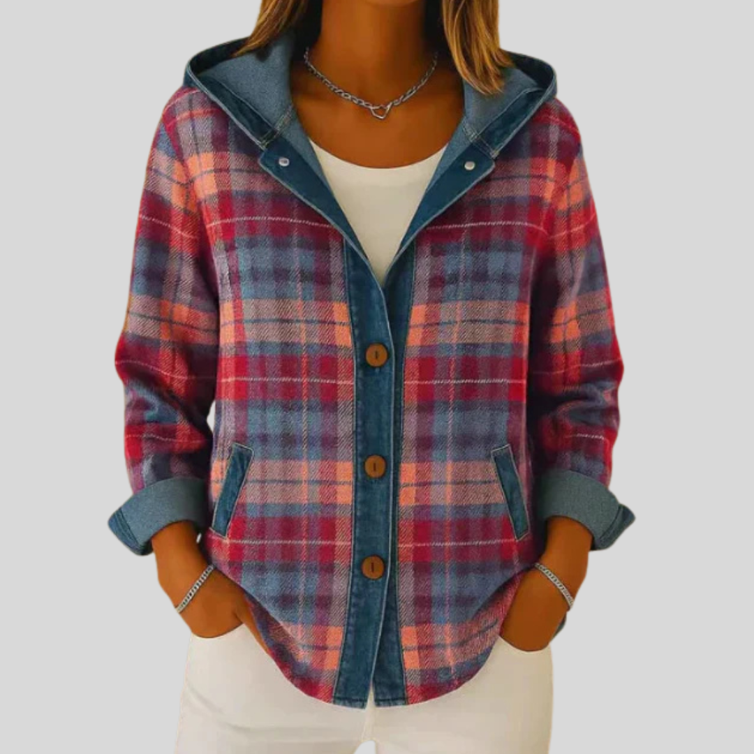 ELIZA & MAREN | DENIM-TRIM PLAID HOODED SHACKET FOR WOMEN