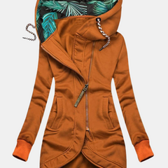 Orange hooded jacket with diagonal front zipper